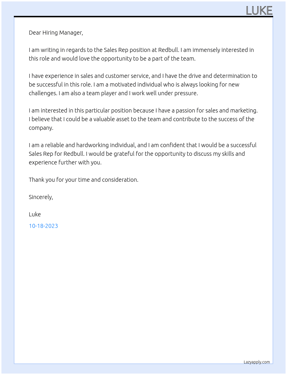 Sales rep At Redbull Cover Letter