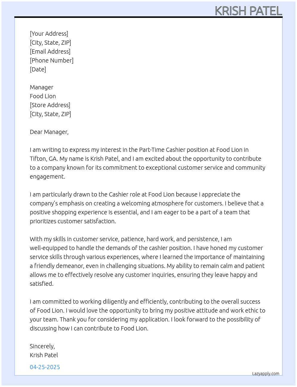 Food Lion Cashier At Food Lion Cover Letter