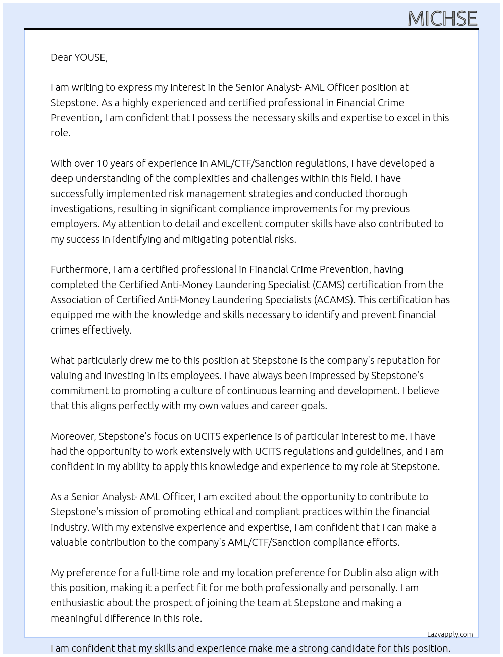 Senior Analyst- AML Officer At Stepstone Cover Letter
