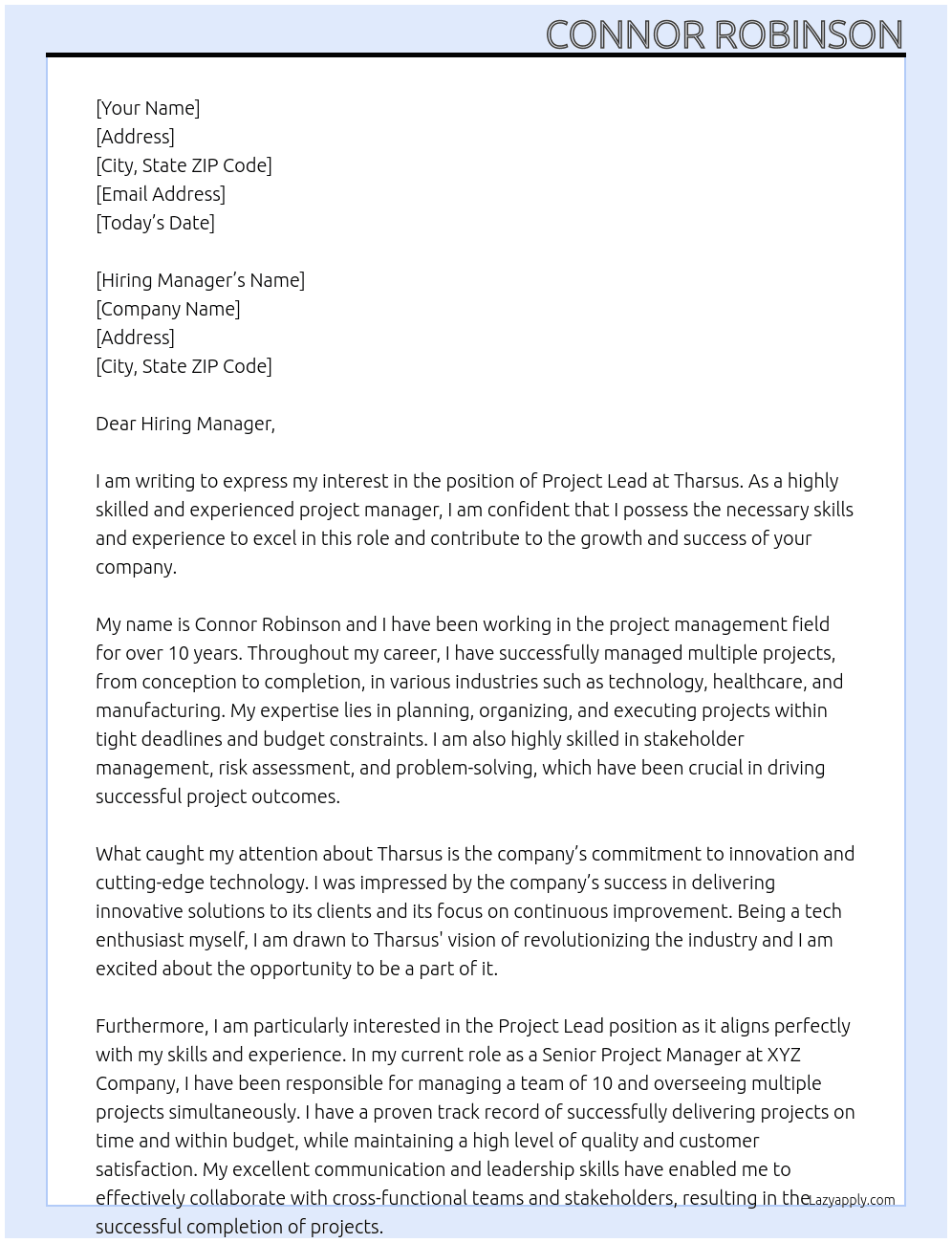 Project Lead At Tharsus Cover Letter