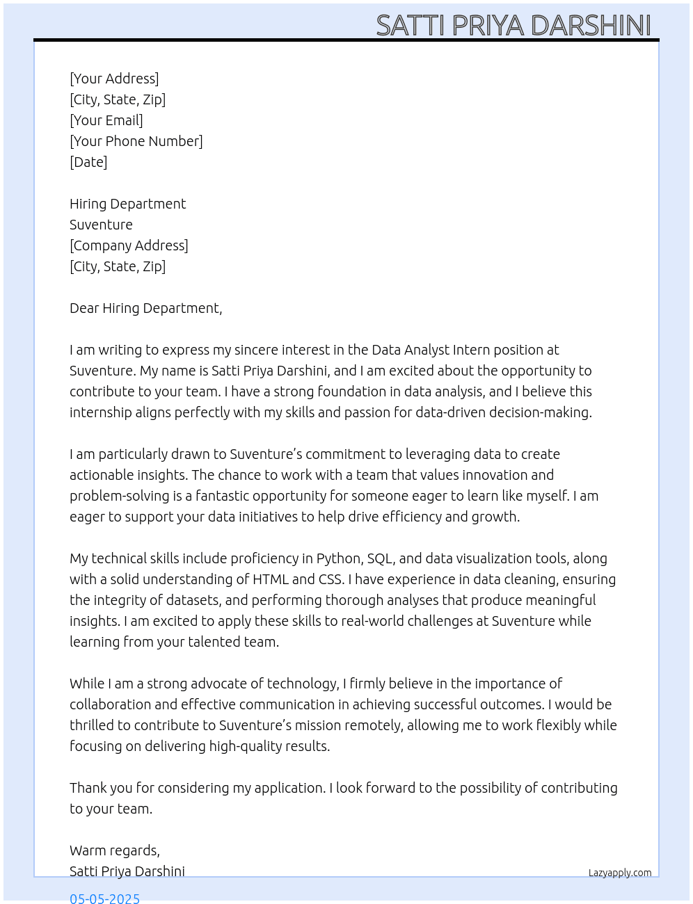 Data Analyst Intern At Suventure Cover Letter