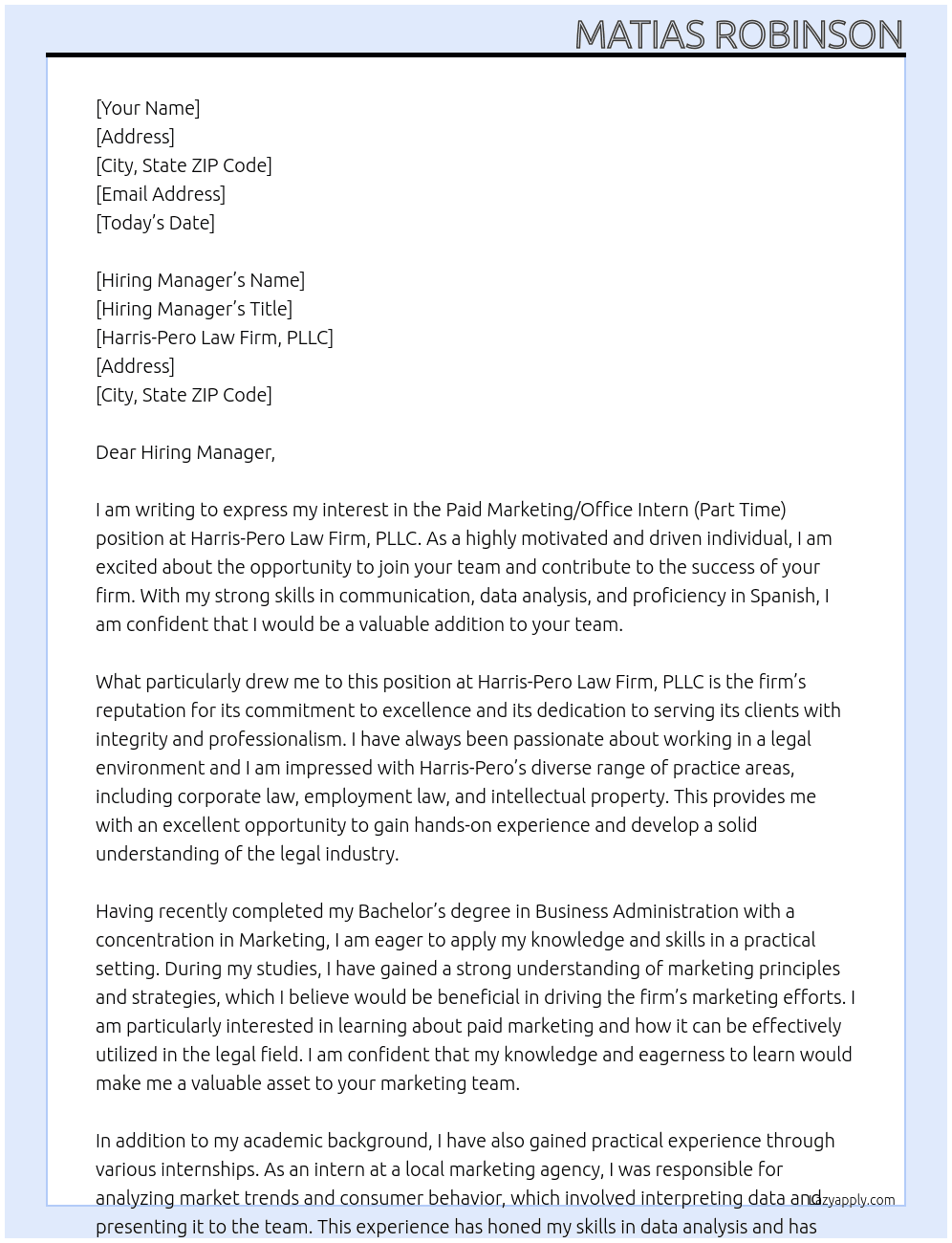 Paid Marketing/Office Intern (Part Time) At Harris-Pero Law Firm, PLLC Cover Letter