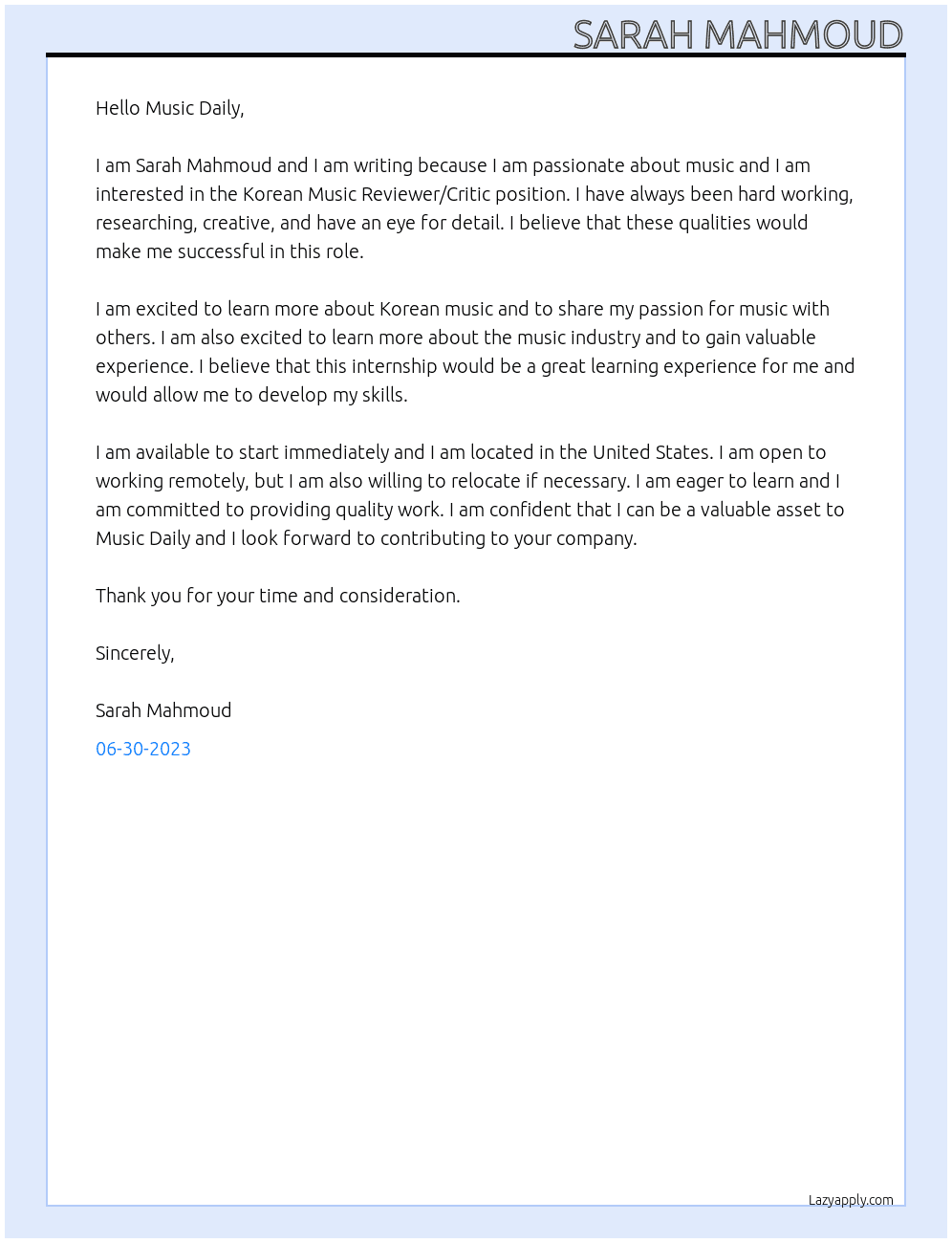 Korean Music Reviewer/Critic  At Music Daily Cover Letter