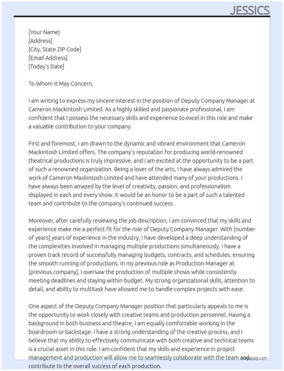 Deputy Company Manager At Cameron Mackintosh Limited Cover Letter