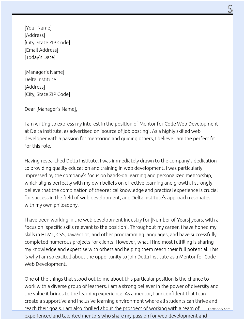 Mentor- Code Web Development At Delta Institute Cover Letter