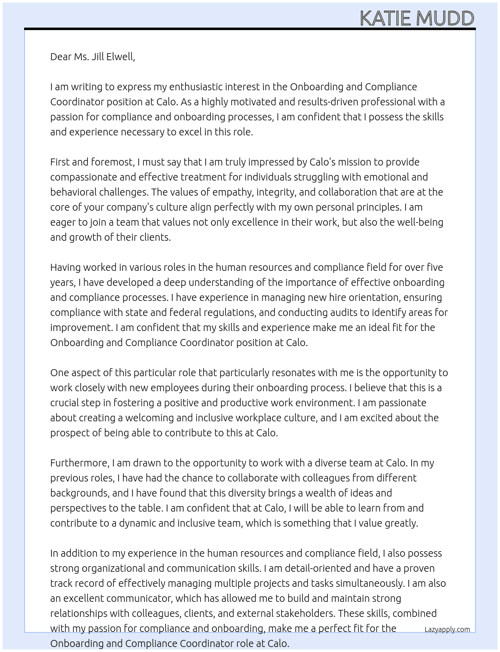 Onboarding and Compliance Coordinator At Calo Cover Letter