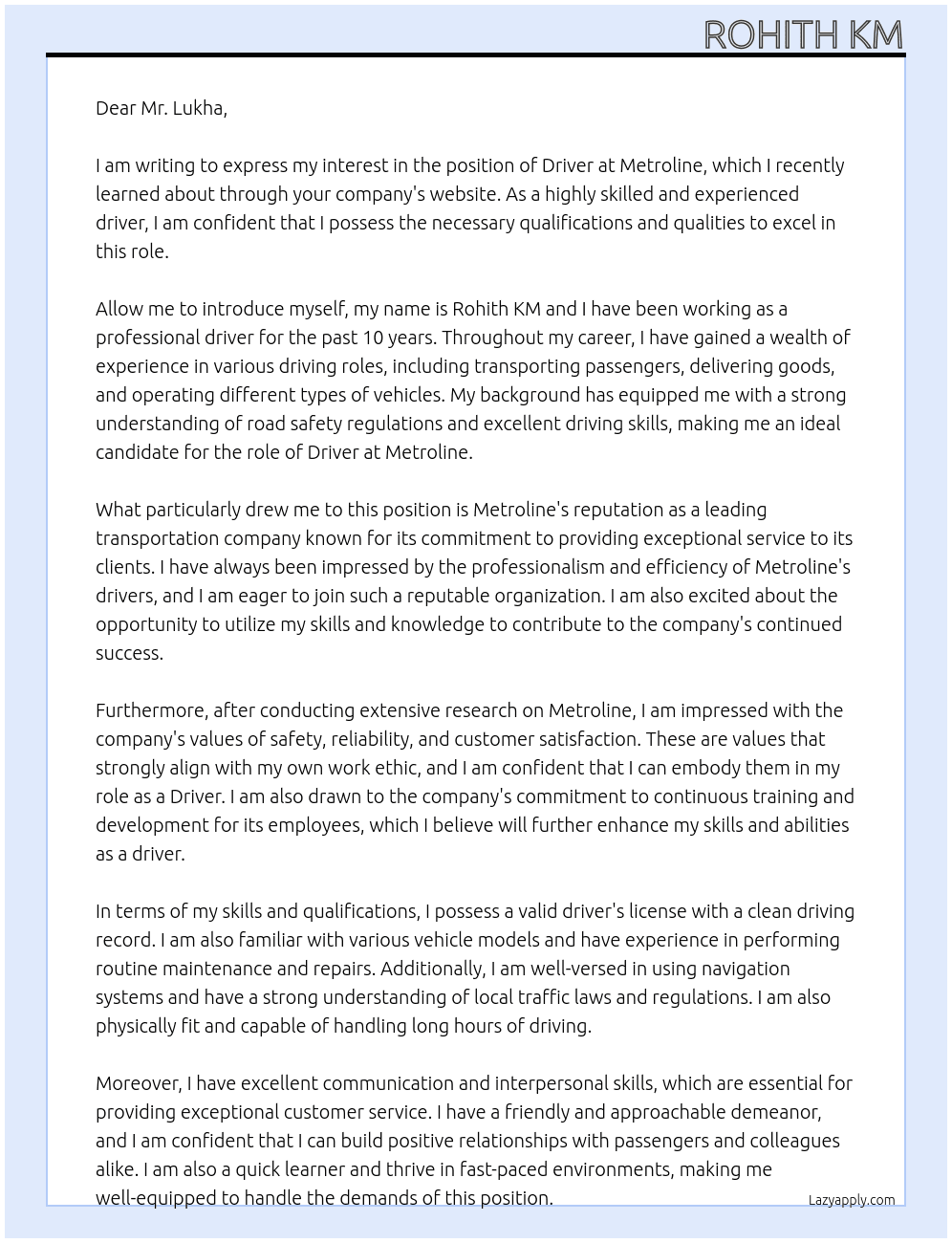 Driver At METROLINE Cover Letter