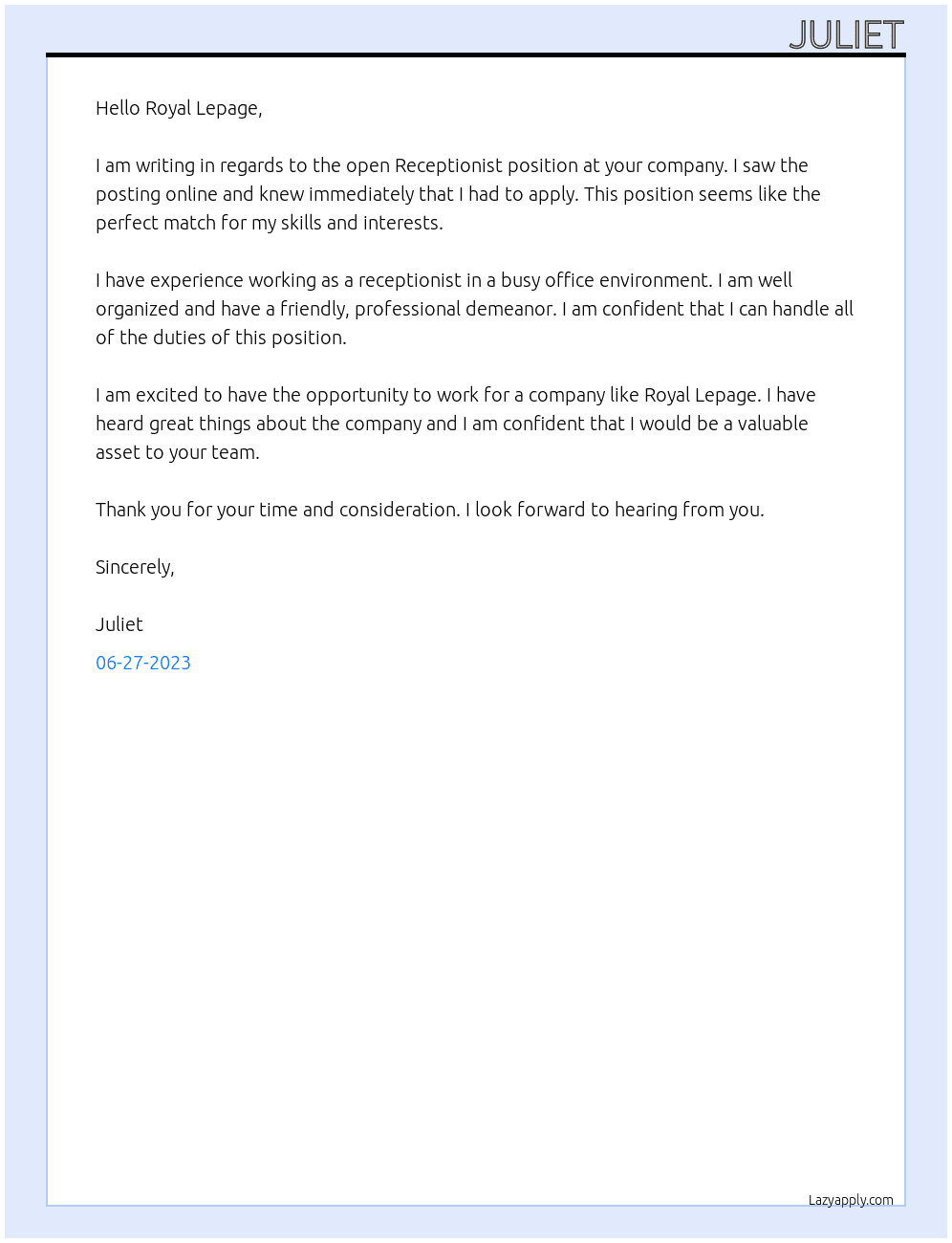 Receptionist At Royal Lepage Cover Letter