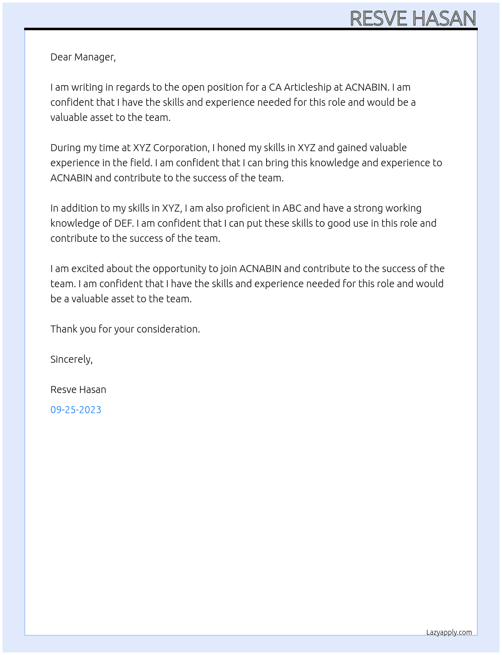 CA Articleship  At ACNABIN Cover Letter