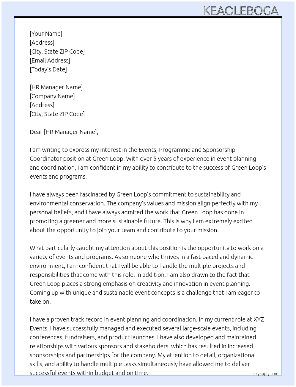 Events,programme and sponsorship coordinator  At Green loop  Cover Letter