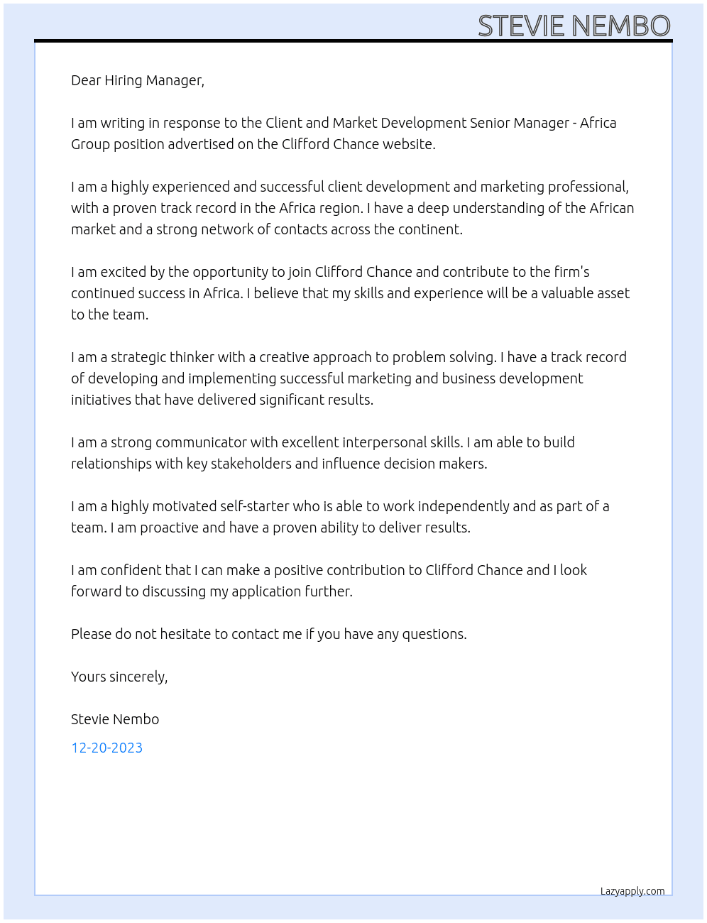 Client and Market Development Senior Manager - Africa Group At Clifford Chance Cover Letter