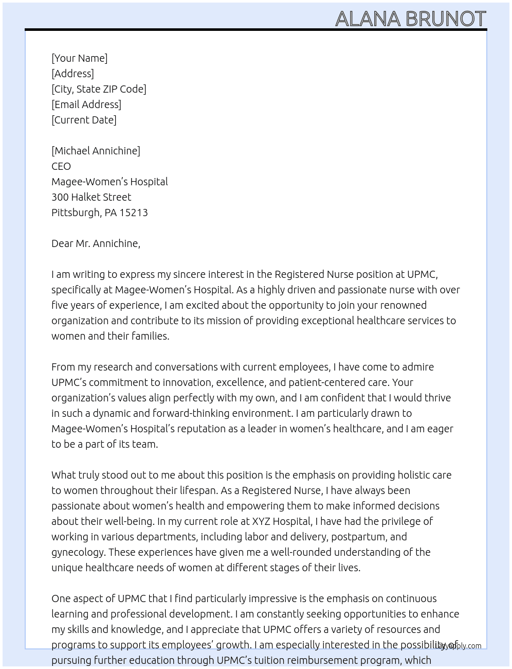 Registered Nurse At UPMC Cover Letter