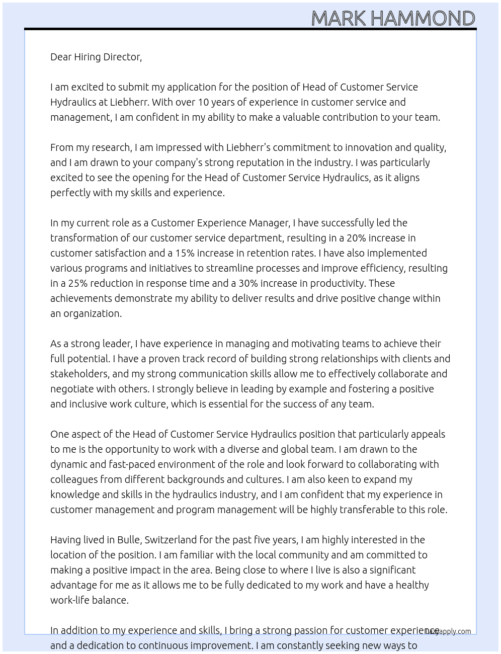 Head of Customer Service Hydraulics  At Liebherr Cover Letter