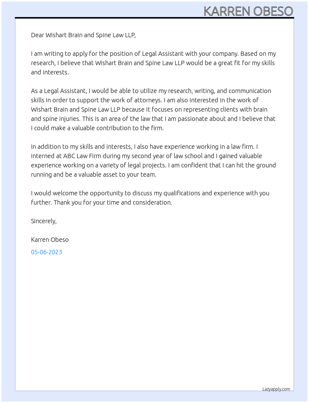 Legal Assistant At Wishart Brain and Spine Law LLP Cover Letter