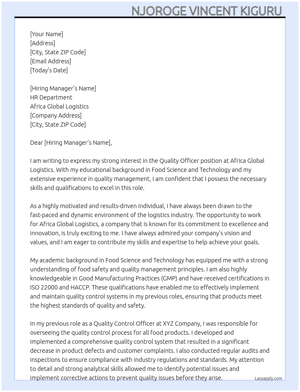 Quality Officer  At Africa Global Logistics  Cover Letter
