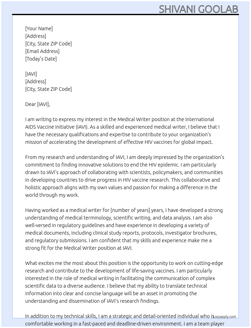 Medical writer At  International AIDS Vaccine Initiative (IAVI) Cover Letter