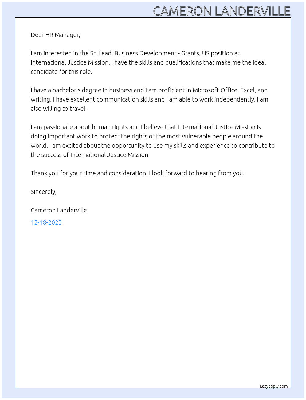 Sr. Lead, Business Development - Grants, US At International Justice Mission Cover Letter