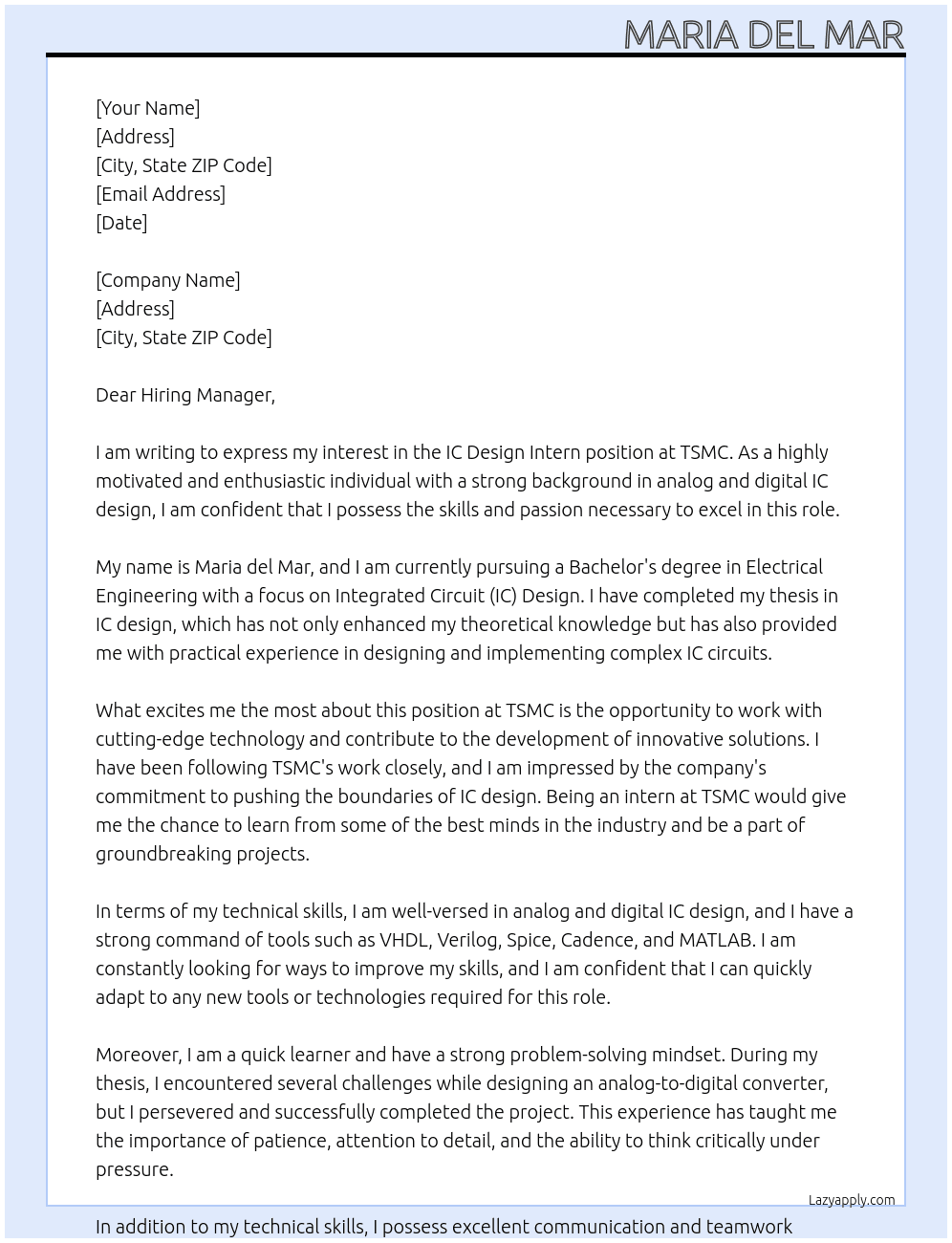 IC Design Intern At TSMC Cover Letter