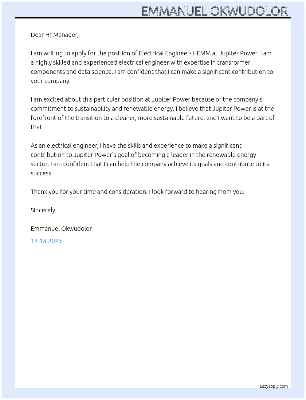 Electrical Engineer- HEMM At Jupiter Power Cover Letter