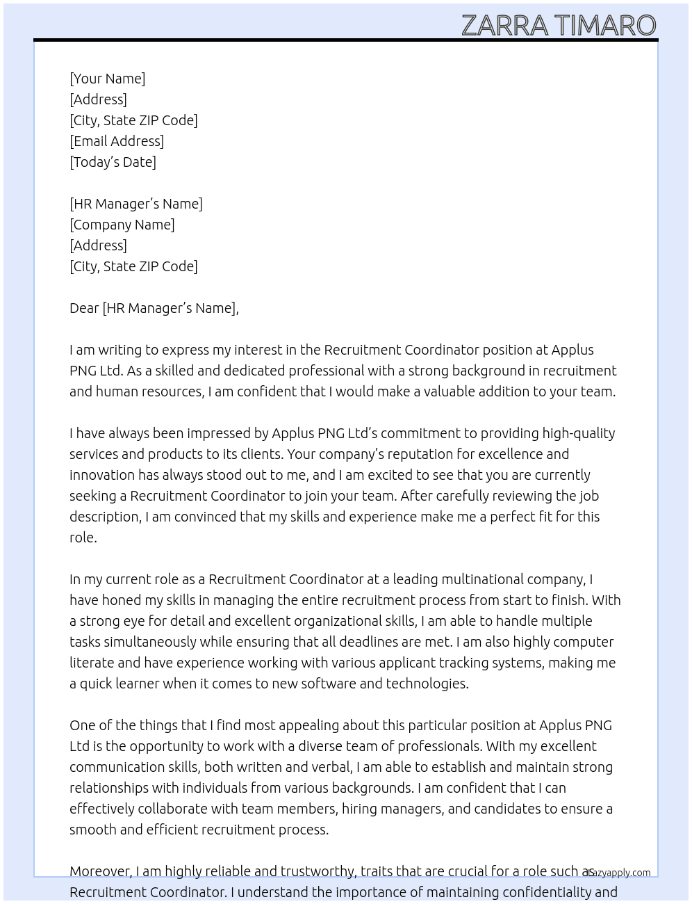 Recruitment Coordinator  At Applus PNG Ltd Cover Letter