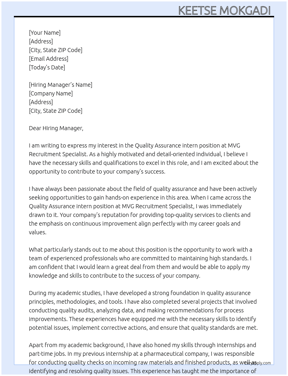 Quality Assurance intern  At MVG Recruitment Specialist  Cover Letter