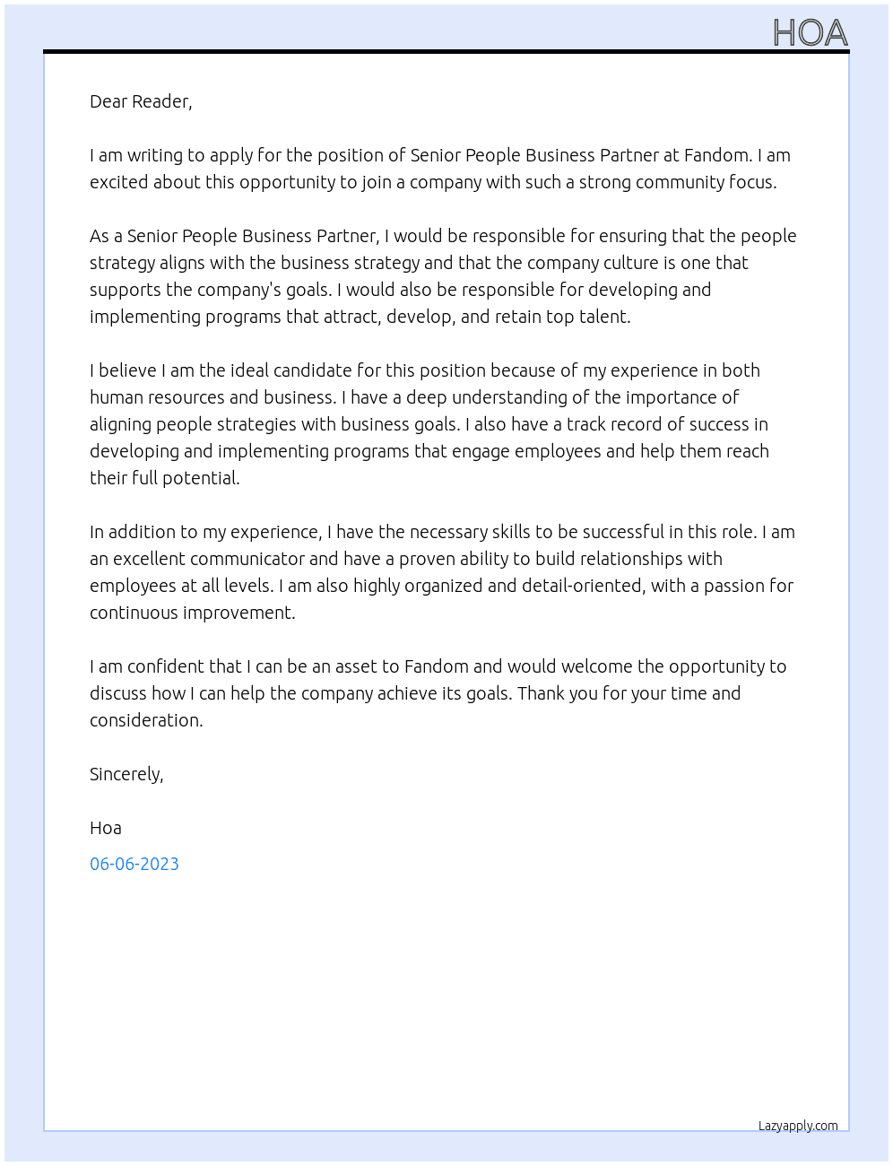 Senior People Business Partner At Fandom Cover Letter
