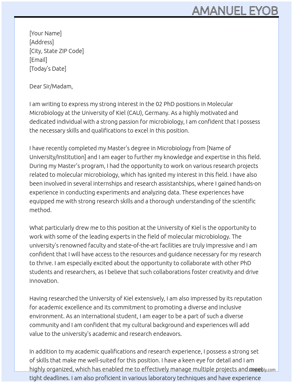  02 PhD Position in Molecular Microbiology, University of Kiel (CAU), Germany At University of kiel Germany Cover Letter