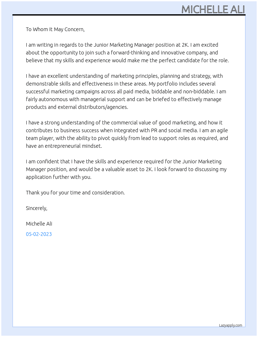 Junior Marketing Manager At 2K Cover Letter