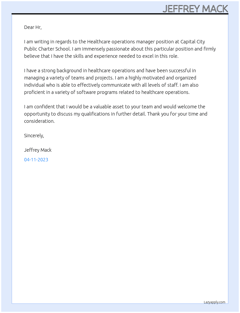 Healthcare operations manager At Capital City Public Charter School Cover Letter