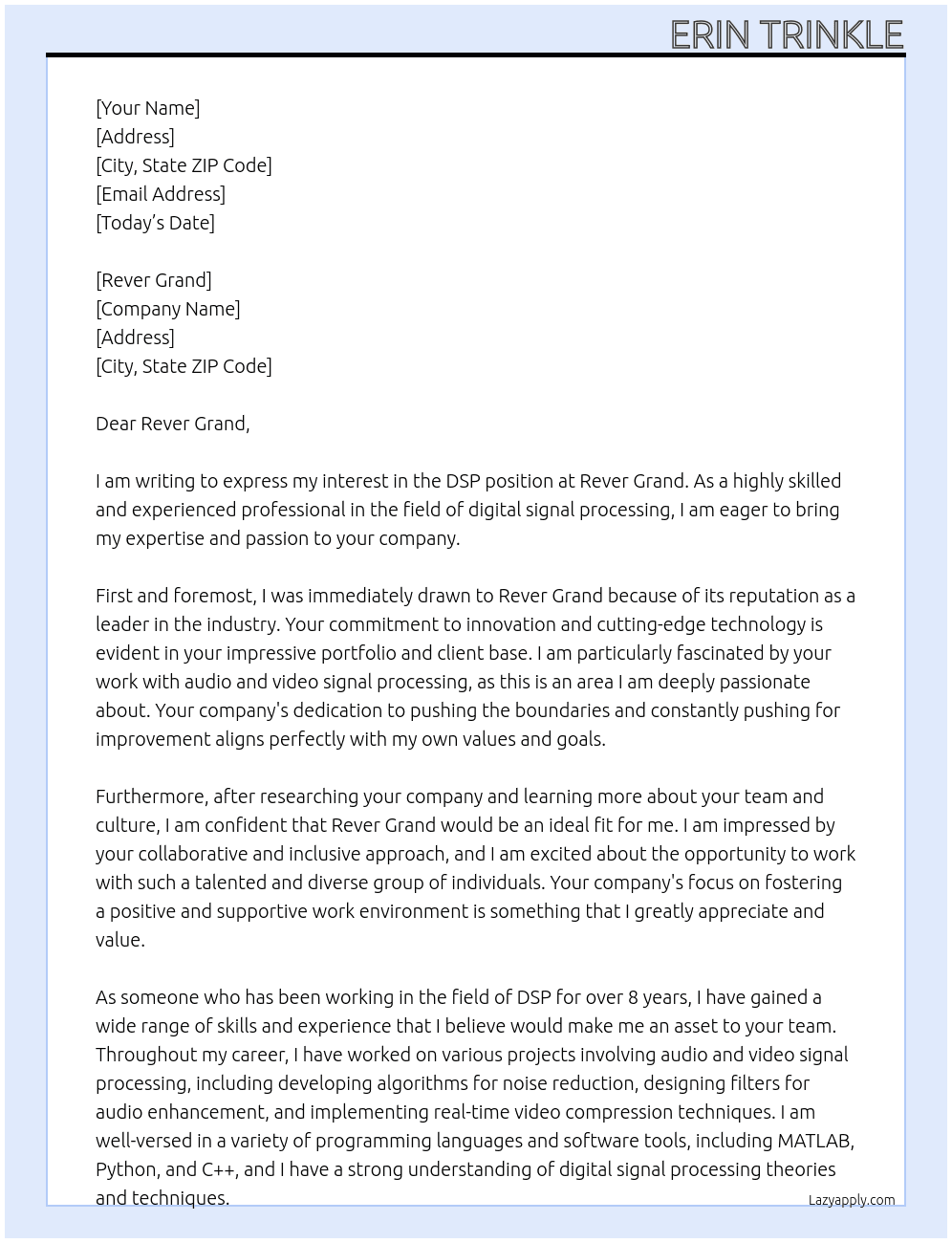DSP At Rever Grand Cover Letter