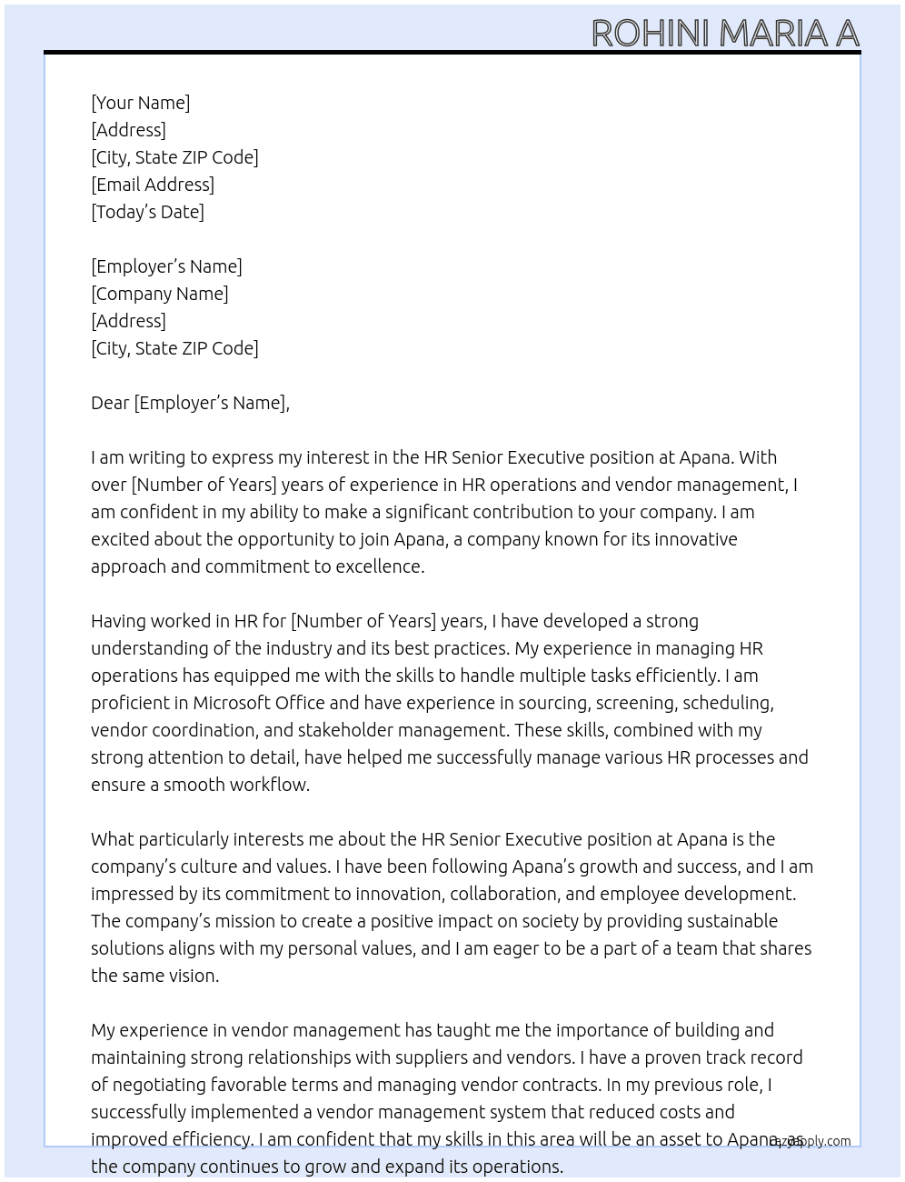 HR - Senior Executive  At Apana Cover Letter