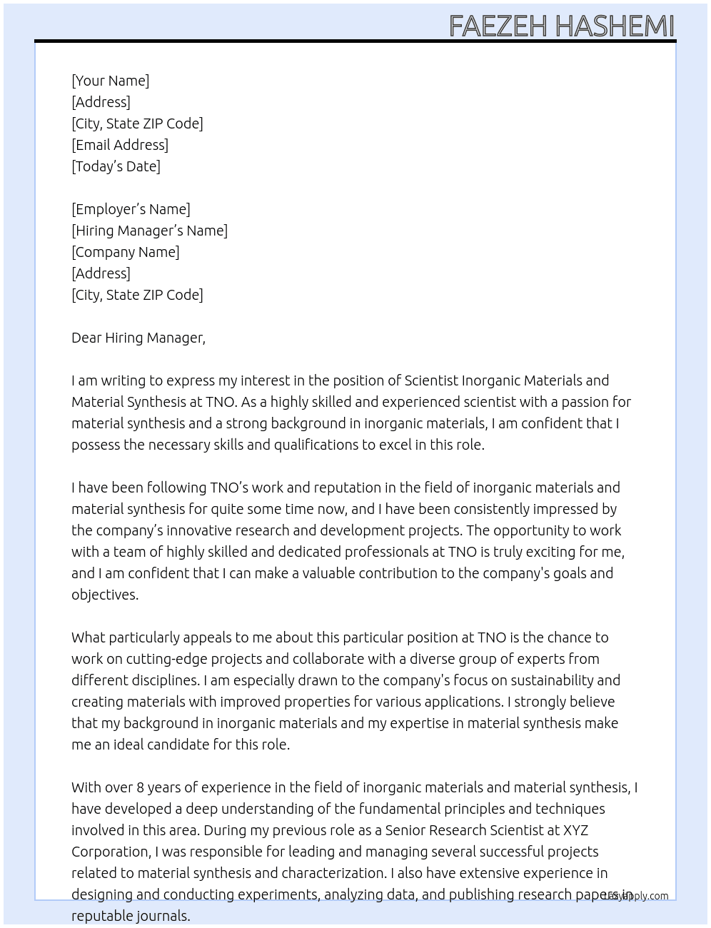  Scientist Inorganic Materials and Material Synthesis |  At TNO  Cover Letter