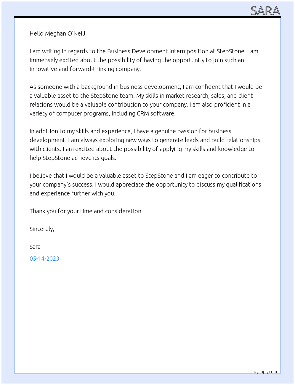 Business Development Intern At StepStone Cover Letter