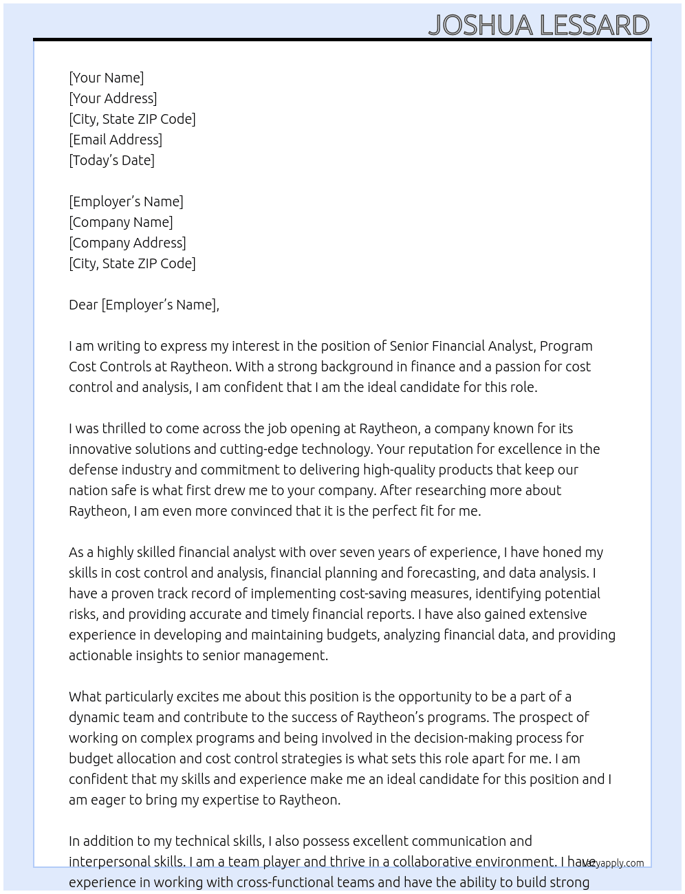 Senior Financial Analyst, Program Cost Controls At Raytheon Cover Letter