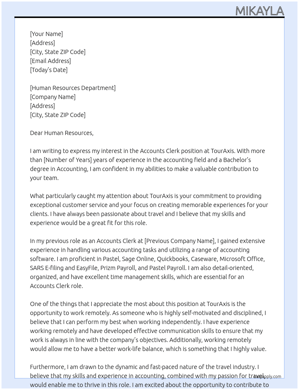 Accounts Clerk At TourAxis Cover Letter