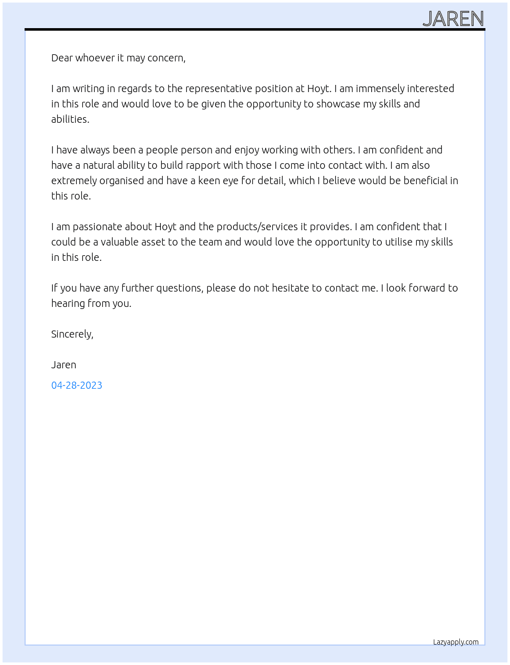 representative  At Hoyt Cover Letter