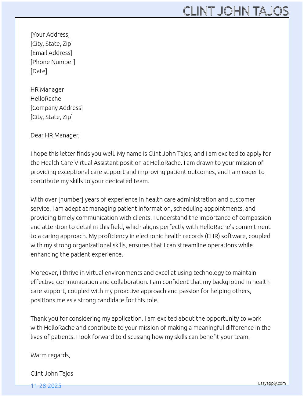Health Care VA At HelloRache Cover Letter