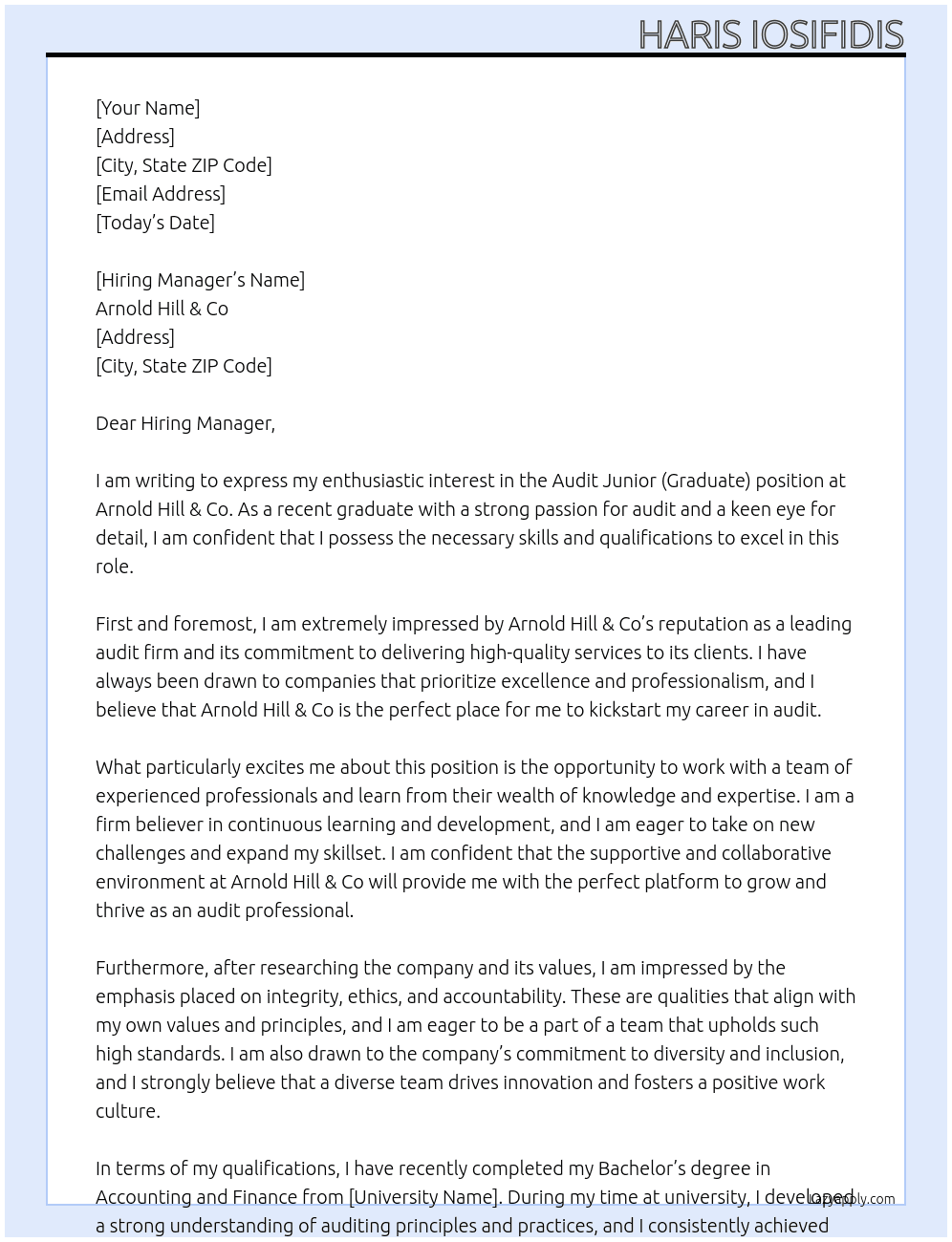 Audit Junior (Graduate) At Arnold Hill & Co Cover Letter