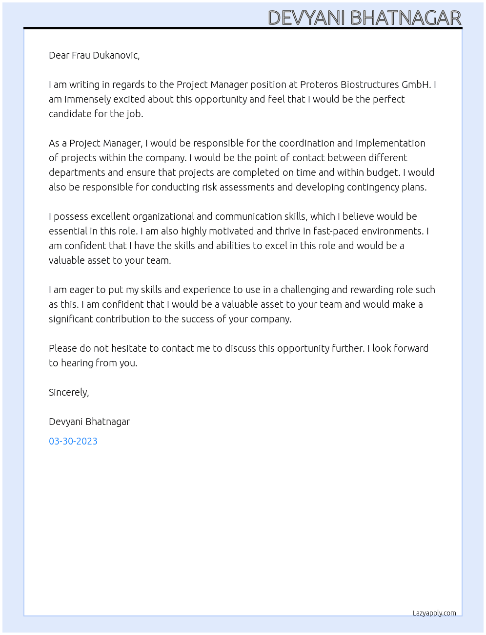 Project Manager At Proteros Biostructures GmbH Cover Letter