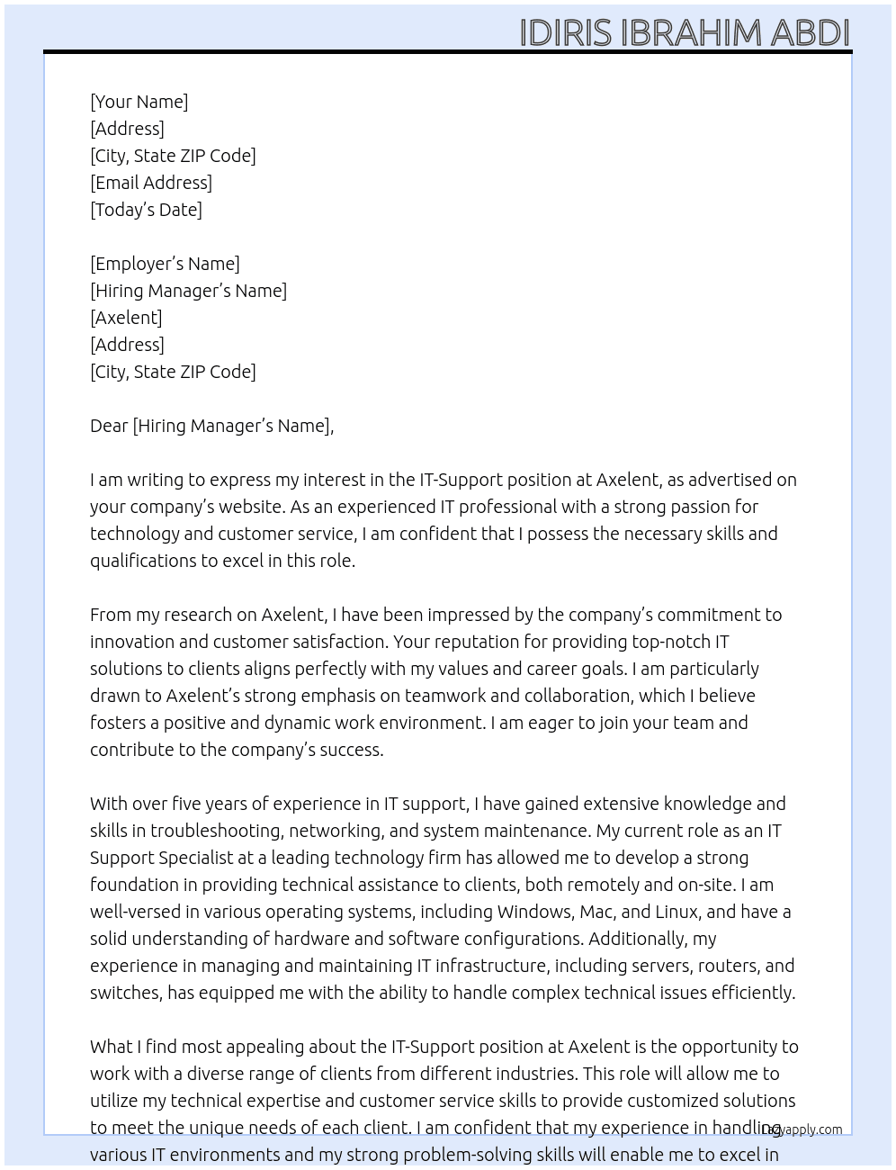 IT-Support At Axelent  Cover Letter