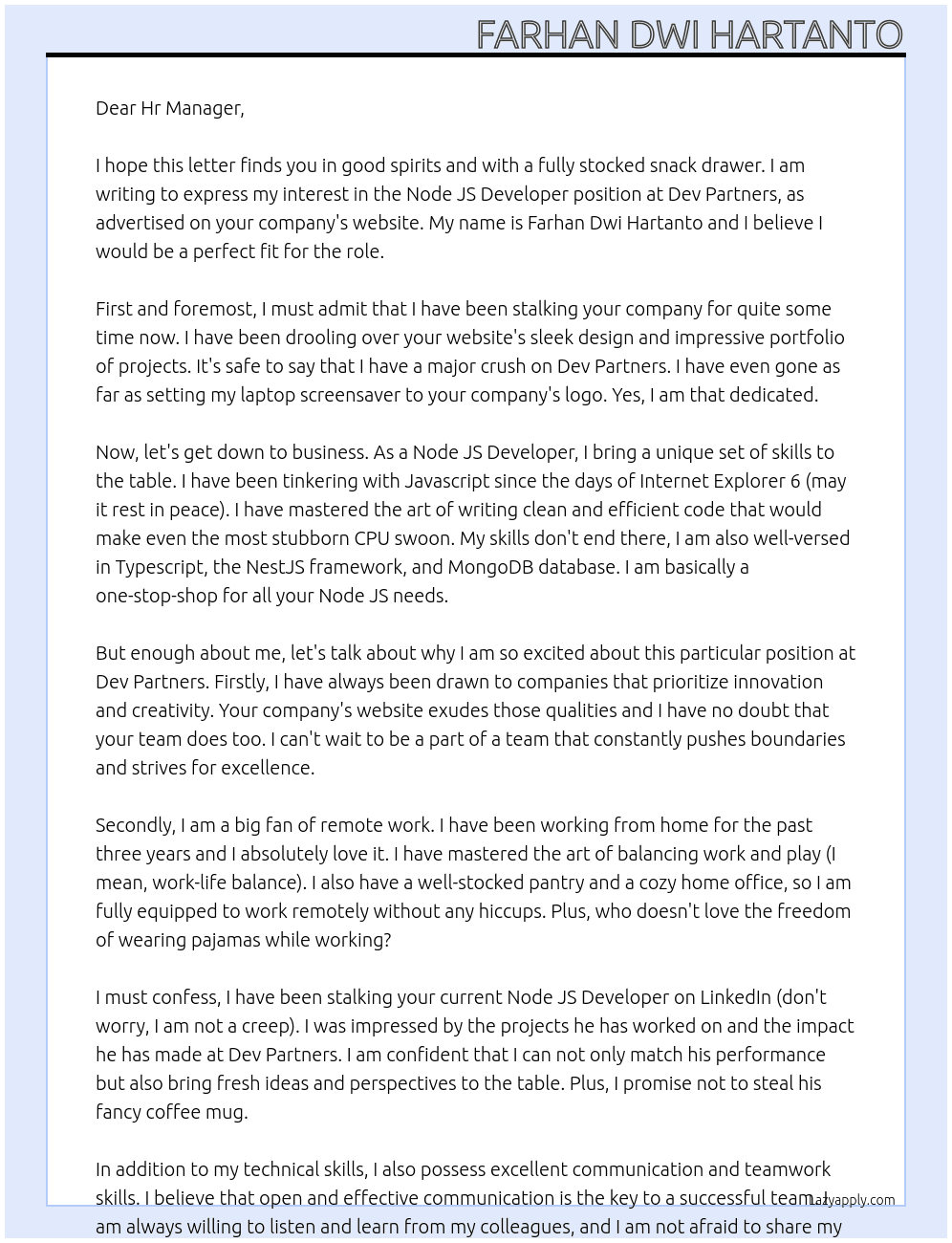 Node JS Developer At Dev Partners Cover Letter