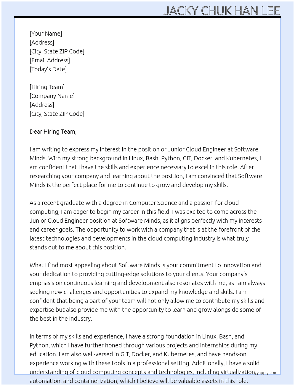 Junior Cloud Engineer At Software Minds Cover Letter