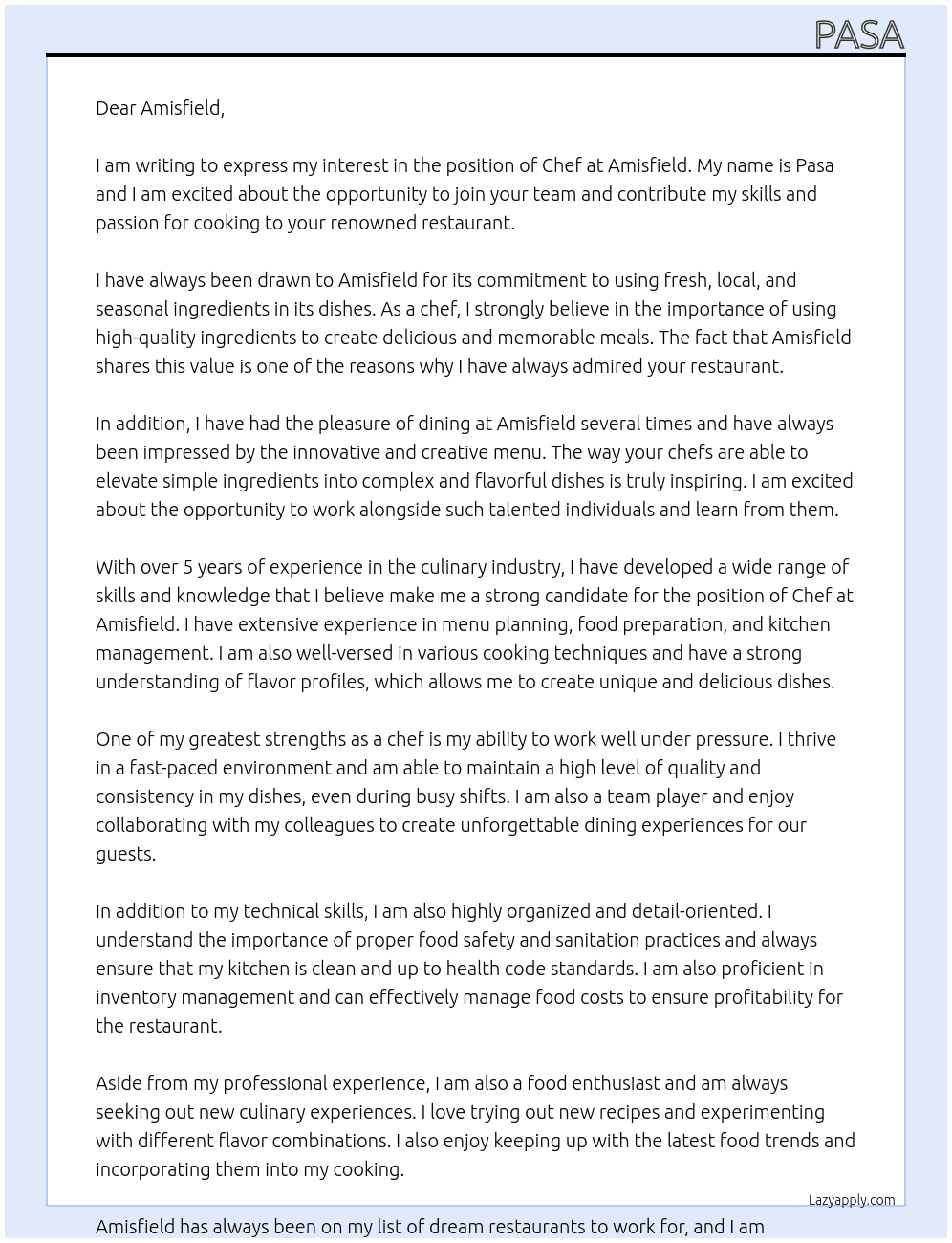 Chef At Amisfield Cover Letter