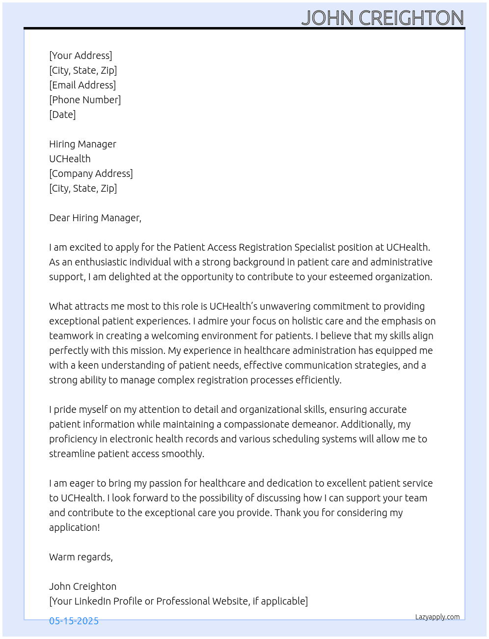 Patient Access Registration specialist At UCHealth Cover Letter