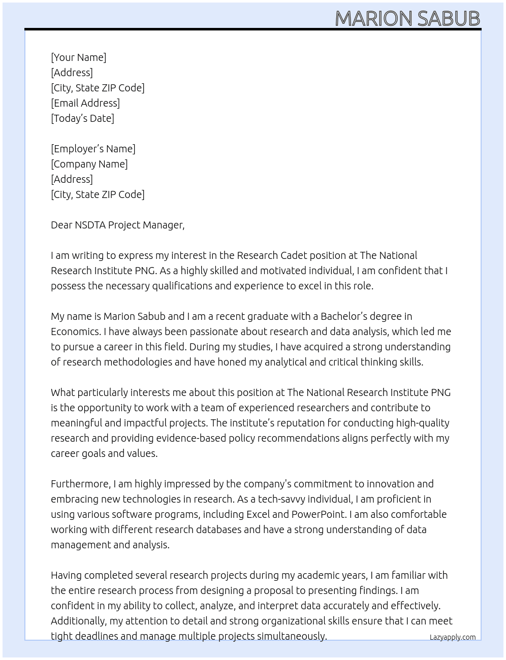 Research Cadet At The National Research Institute PNG Cover Letter