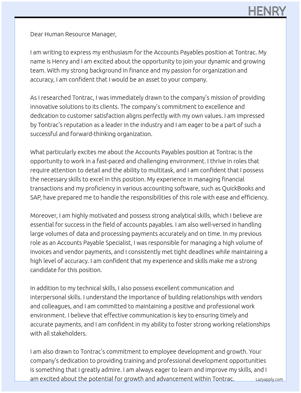 Accounts Payables  At Tontrac Cover Letter