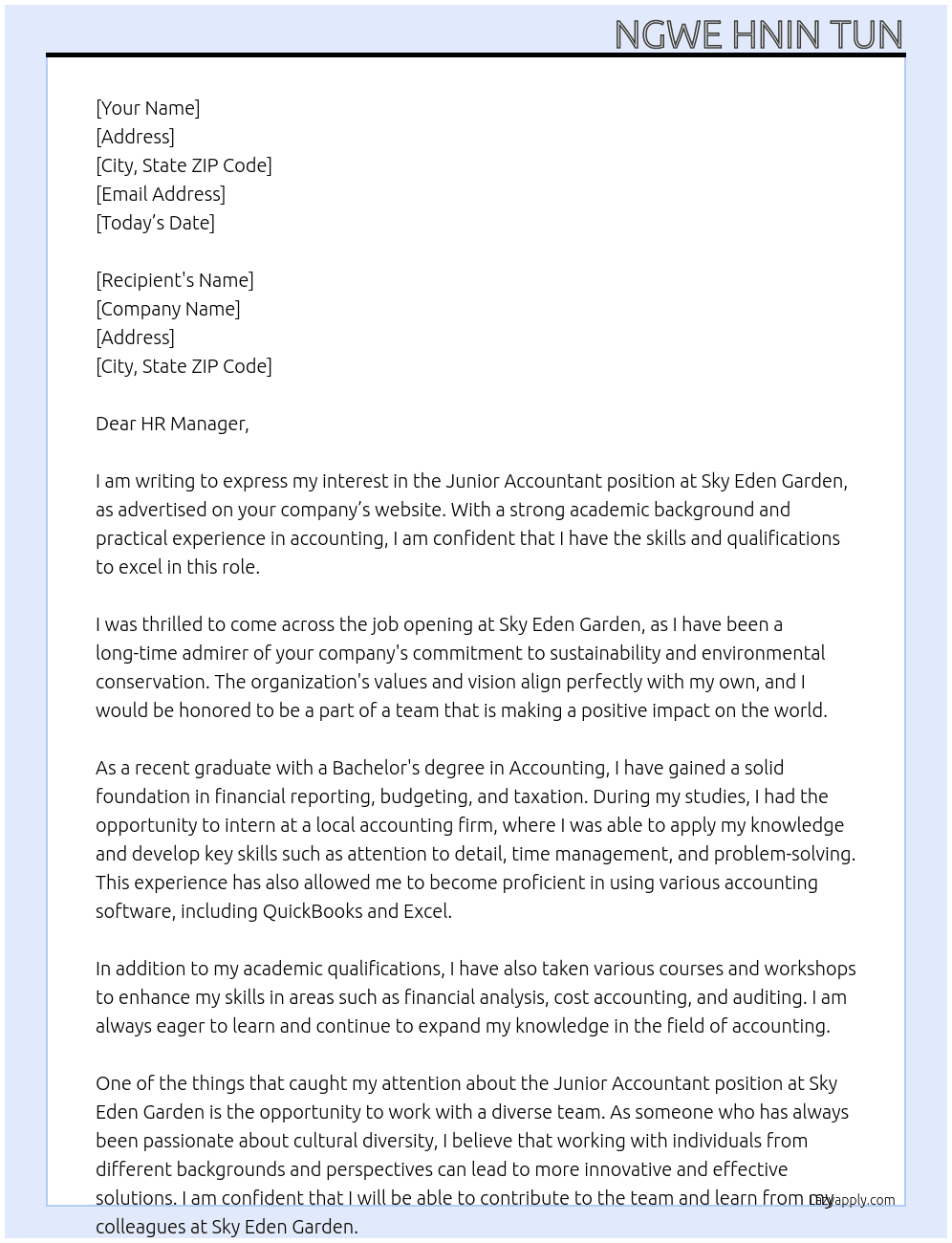 Junior Accountant At Sky Eden Garden Cover Letter