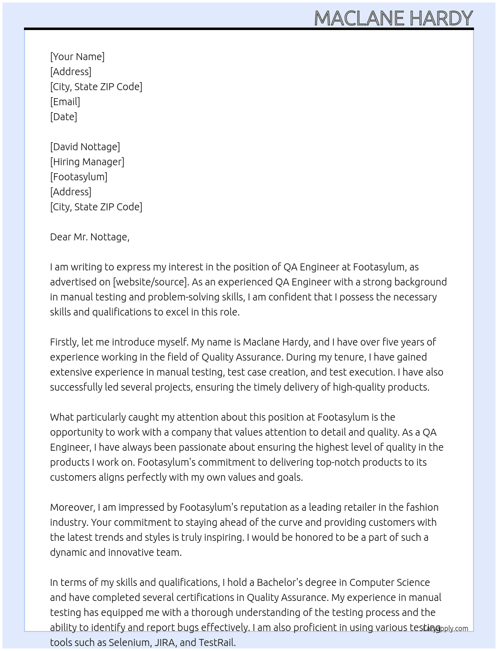 QA Engineer At Footasylum Cover Letter