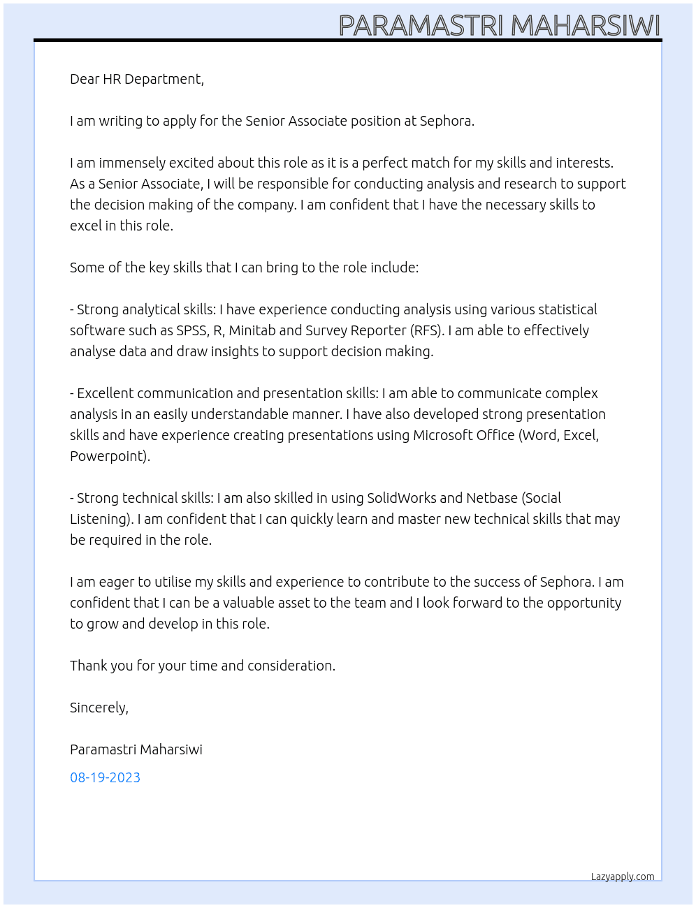 Senior Associate At Sephora Cover Letter