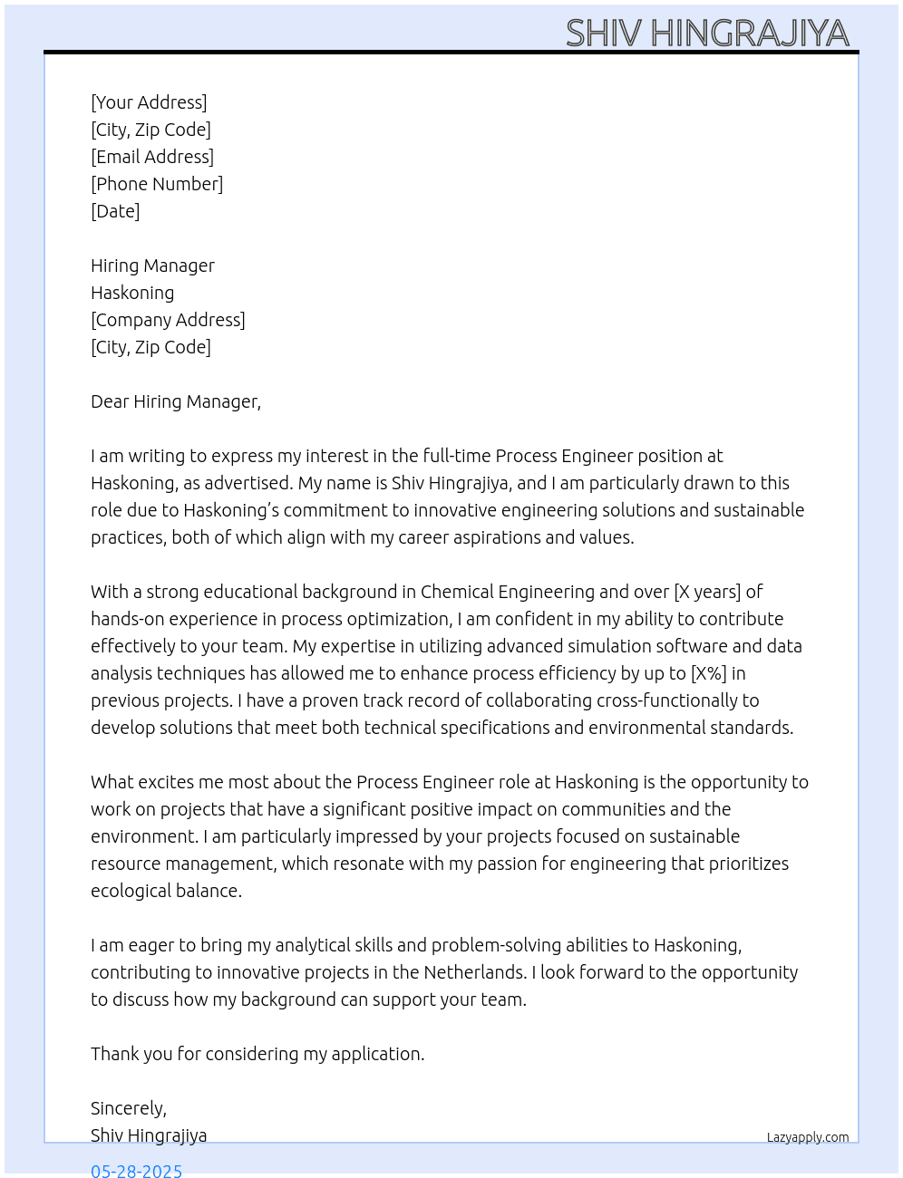 Process engineer  At Haskoning Cover Letter